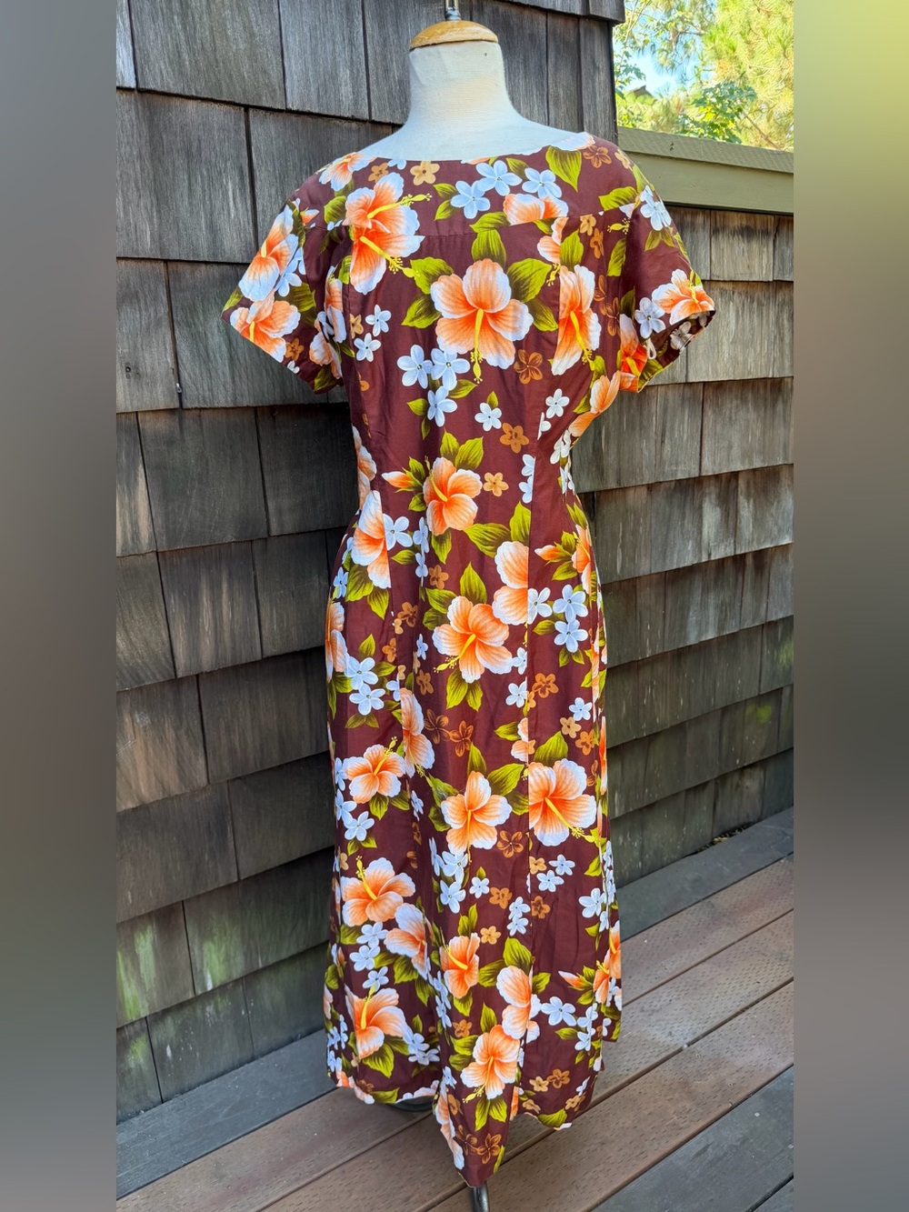 Vintage Hawaiian luau Muumuu maxi dress brown orange hibiscus Sz L Ui-Maikai